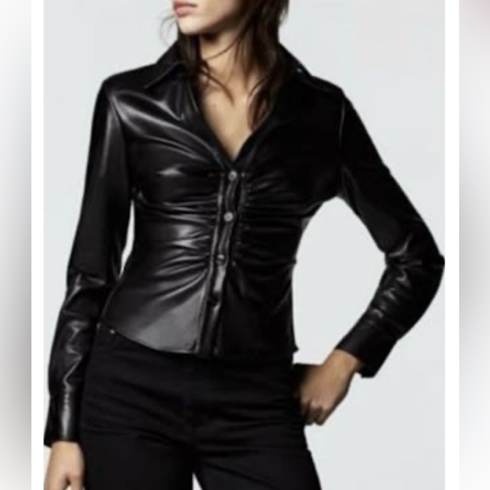ZARA Black Vegan Leather Ruched Button Down Shirt size M